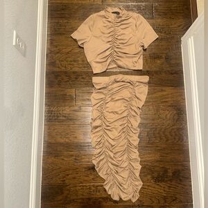 Ruched Tan Two-Piece Skirt Set